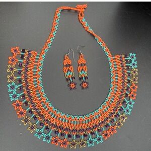 Handmade Bead Collar Necklace & Earrings,turquoise, coral,purple Huichol style
